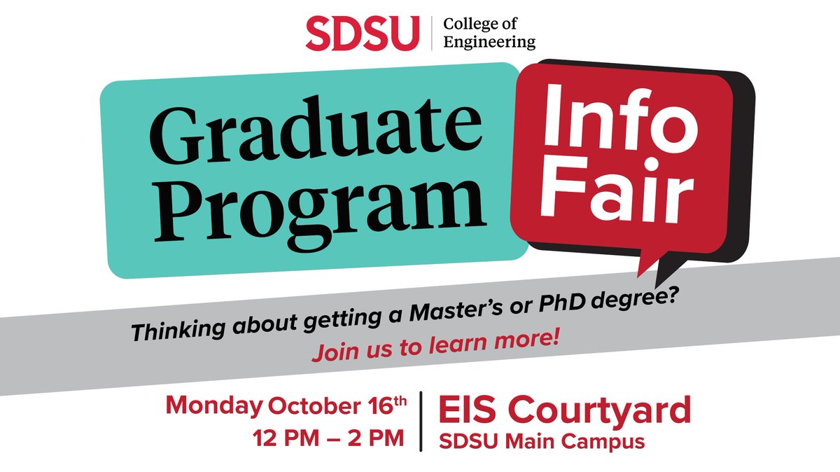 SDSUEngineering's tweet image. On Oct. 16 from 12 - 2pm, get the inside scoop on our Master&apos;s and PhD offerings at the SDSU College of Engineering. You will meet our incredible faculty, staff, &amp;amp; current graduate students who can share more about our stellar programs. #masterofengineering #engineering #SDSU