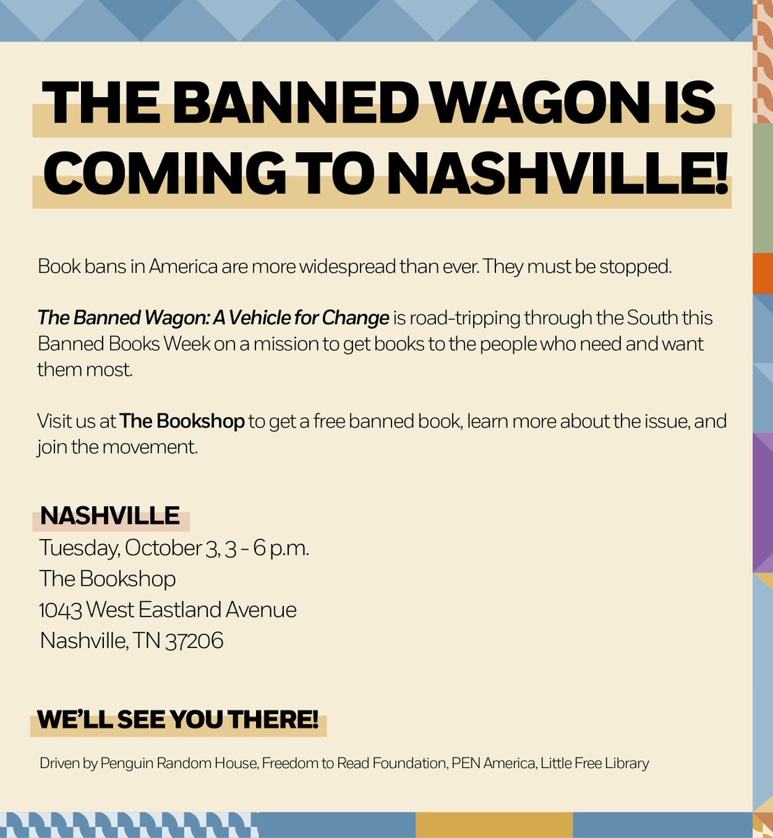 Book bans are on the rise in America. We're joining @penguinrandom @LtlFreeLibrary @PENamerica for #TheBannedWagon, which is stopping in communities affected by censorship. TODAY, 3-6pm CT: Nashville TN's @thebookshopnash! bit.ly/46hZun8 #BannedBooksWeek #LetFreedomRead