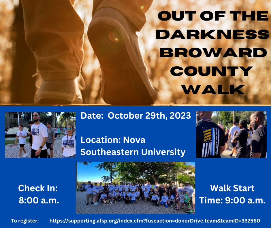 Join the Hollywood Police Department in the Out of the Darkness Broward County Walk. This walk aims to raise awareness on suicide prevention. It will take place on October 29th, 2023. Check in starts at 8:00 am and the walk begins at 9:00 am. To register: supporting.afsp.org/index.cfm?fuse…