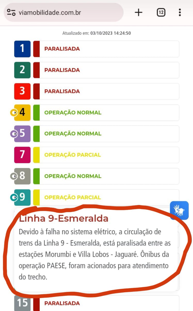 Tarcisio passou o dia dizendo que as linhas privatizadas são ótimas e atacando a paralisação! Seria irônico se não fosse uma dura realidade diária, que na greve , a linha privatizada parasse tb mas por conta de mais uma falha! As pessoas sabem que é a privatização que gera caos!