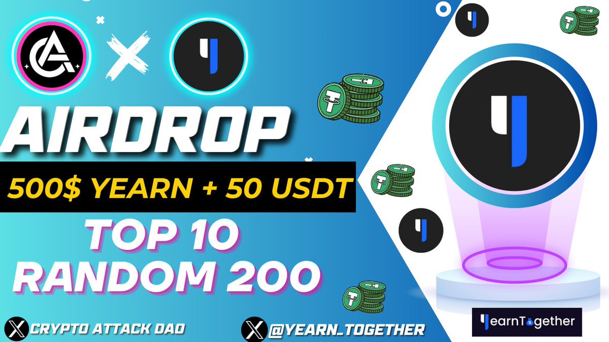 🔰YearnTogether X CryptoAttackDAO AIRDROP🔰

🏆Prize:- 500$ $YEARN + 50$ $USDT 🙌

🎮Follow <a href="/yearn_together/">YearnTogether</a> &amp; <a href="/CryptoAttackDao/">CRYPTO ATTACKS || DAO</a>
🎮Like, ReTweet &amp; Tag 3 Friend
🎮Enter Gleam- wn.nr/ybf3jnz

⏳Ends 9th October

#Giveaway #Airdrops #Binance #bitcoin #Crypto #Eth #IDO $YEARN