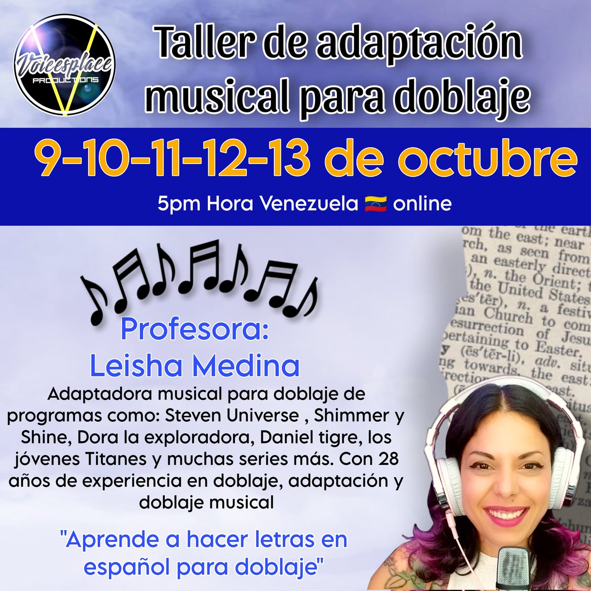 Voicesplace's tweet photo. INSCRIPCIONES ABIERTAS para este mes de octubre. Junto con la profesora y actriz de doblaje @LeishaMedina podrás perfeccionar tus técnicas de voz, dicción, acento neutro e interpretación con el calendario de talleres que tenemos preparado para ti. Escríbenos para más información https://t.co/7H3dAODmPB