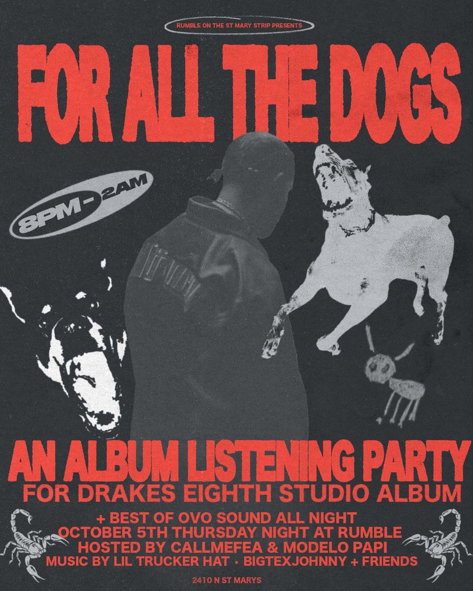 liltruckerhat's tweet photo. AIGHT “FOR ALL THE DOGS” LISTENING PARTY THIS THURSDAY AT RUMBLE! HOSTED BY MY HOMIES @callmefea &amp; @modeloXpapi !!! MIGHT RAFFLE OFF SOME PRIZES TOO! RT AND TAG THE BIGGEST DRAKE HEAD YOU KNOW. SEE YOU THERE  🫵 https://t.co/Vu7v60OymN