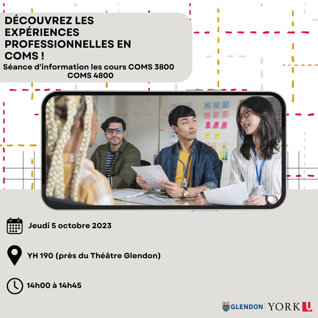 Join us for an informative session where you can learn about the exciting opportunities in COMS 3800 and COMS 4800.

Rejoignez-nous pour en savoir plus sur COMS 3800 et COMS 4800. 

Registration link: experience.yorku.ca/events.htm?evt…