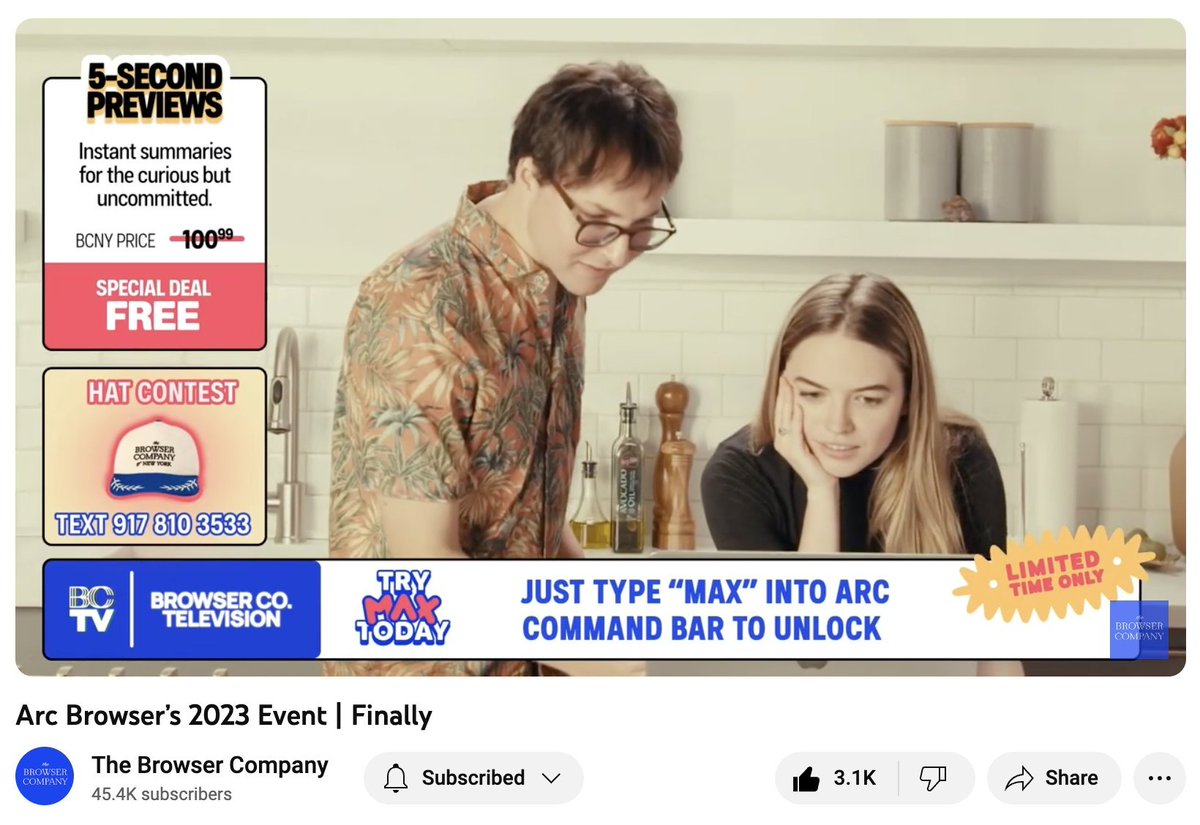 Arc浏览器今晚终于发布了他们的AI能力，而且完全免费。
这是真正将AI与浏览器深度整合的功能，比Bing那种简单粗暴加个聊天页面强一万倍，可能很多AI浏览器插件要被淘汰了。
你现在可以直接在Arc浏览器跟Chat GPT交谈，浏览器可以自动帮你总结页面内容，这个服务叫Arx MAX，下面是详细的能力和使用方式