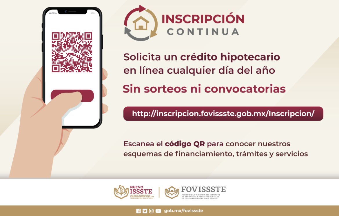 Si piensas solicitar tu crédito <a href="/FOVISSSTEmx/">FOVISSSTE</a>, necesitas conocer tu estado de cuenta o realizar algún trámite o servicio, escanea el código QR.

#InscripciónContinua