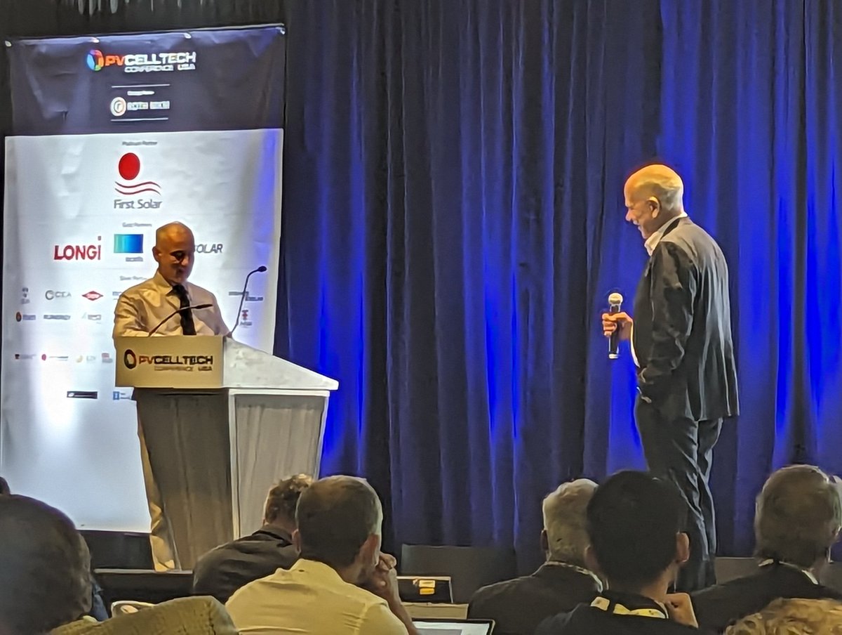 G2VOptics's tweet photo. Listening to Frank van Mierlo, the CEO of @CubicPV talking about the importance of not only onshoring module production but also the early parts of the value chain such as wafer production. #PVCellTech2023 https://t.co/vHrnO5NE3H