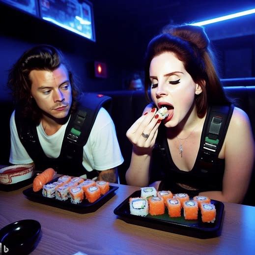 Mil0Lowry's tweet photo. Lana Del Rey &amp; Harry Styles Did you know that there is music for a sushi restaurant in the laser tag arena. https://t.co/aqqL494Cuj