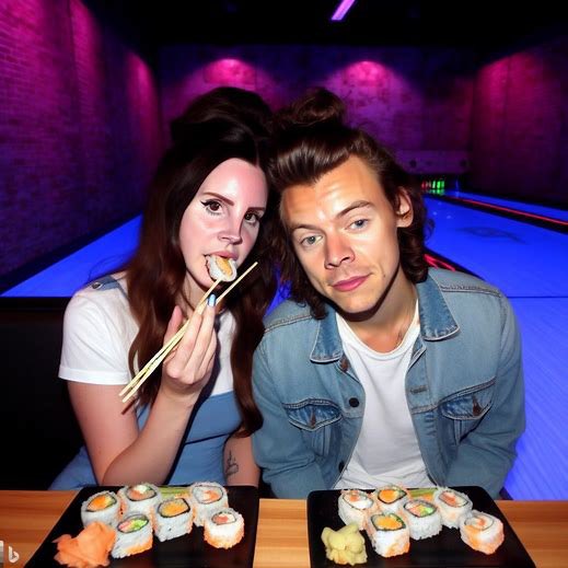 Mil0Lowry's tweet photo. Lana Del Rey &amp; Harry Styles Did you know that there is music for a sushi restaurant in the laser tag arena. https://t.co/aqqL494Cuj