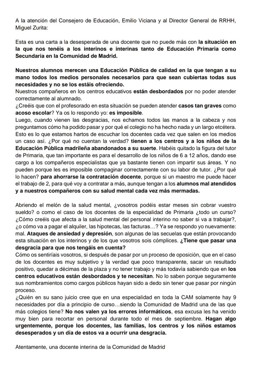 Una compañera nos envía esta carta desesperada .😢 <a href="/EVicianaDuro/">Emilio Viciana</a> ¿De verdad le importa tan poco el personal interino y el alumnado madrileño ? La situación es límite. Necesitamos soluciones inmediatas