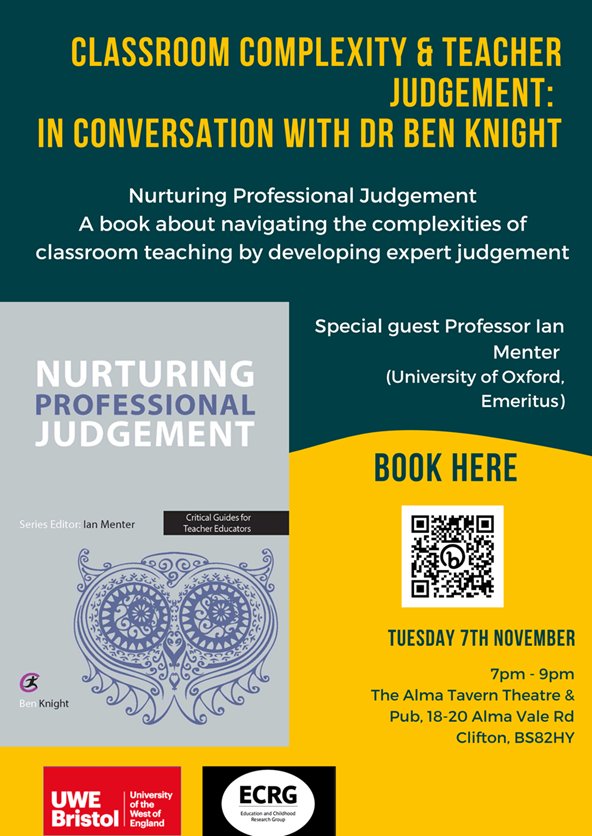 Bristol colleagues... come and join us for our next @UWE_Education research group event: 'Classroom Complexity and Teacher Judgement' with Dr Ben Knight at the Alma Tavern Theatre on 7th Nov. Book your place here: tickettailor.com/events/almathe…