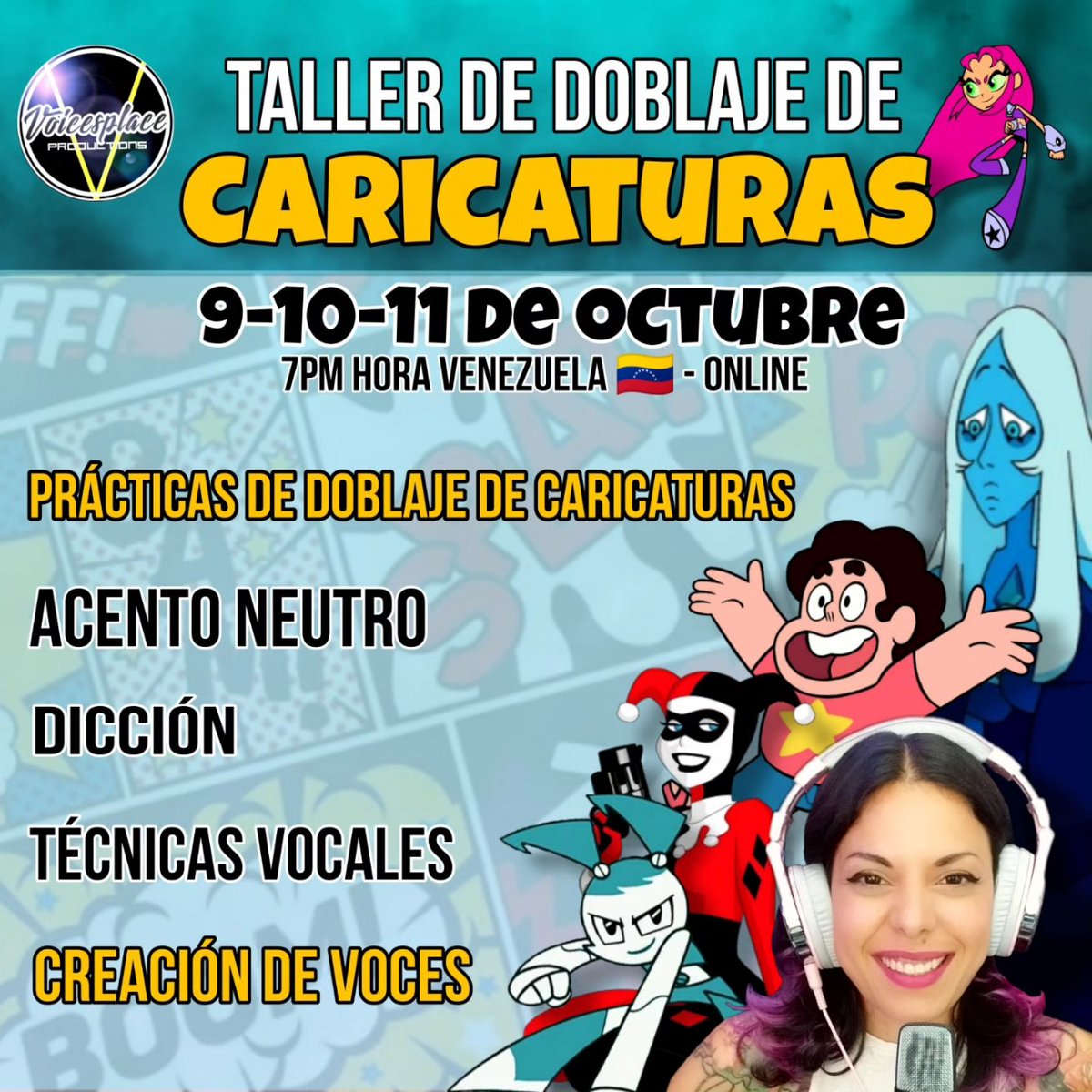 Voicesplace's tweet photo. TALLER DE DOBLAJE PARA CARICATURAS- ONLINE
 9-10-11 de oct 
⭐Acento neutro para caricaturas 
⭐Dicción Televisiva
⭐Técnicas vocales profesionales 
⭐Creación de voces de caricaturas 
⭐Atención y guía personalizada
⭐Prácticas de doblaje de caricaturas 
Inscripciones abiertas! https://t.co/2iPUGCAald