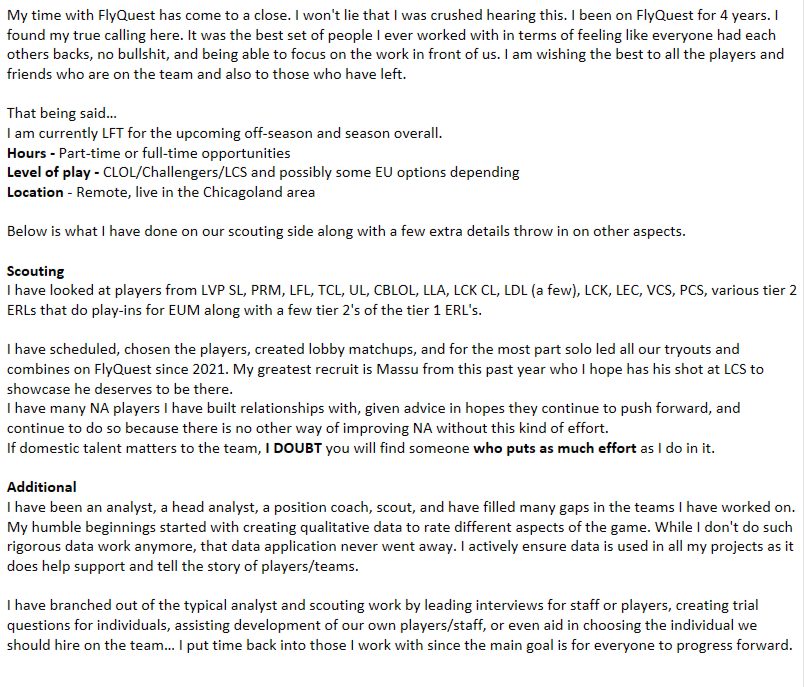 FlyQuest has decided to part ways with me
Read below, but in short...

I am currently LFT for the upcoming off-season and season overall

Hours - Part or full-time 
League - CLOL/Challengers/LCS and possibly some EU options depending
Location - Remote, in CHI