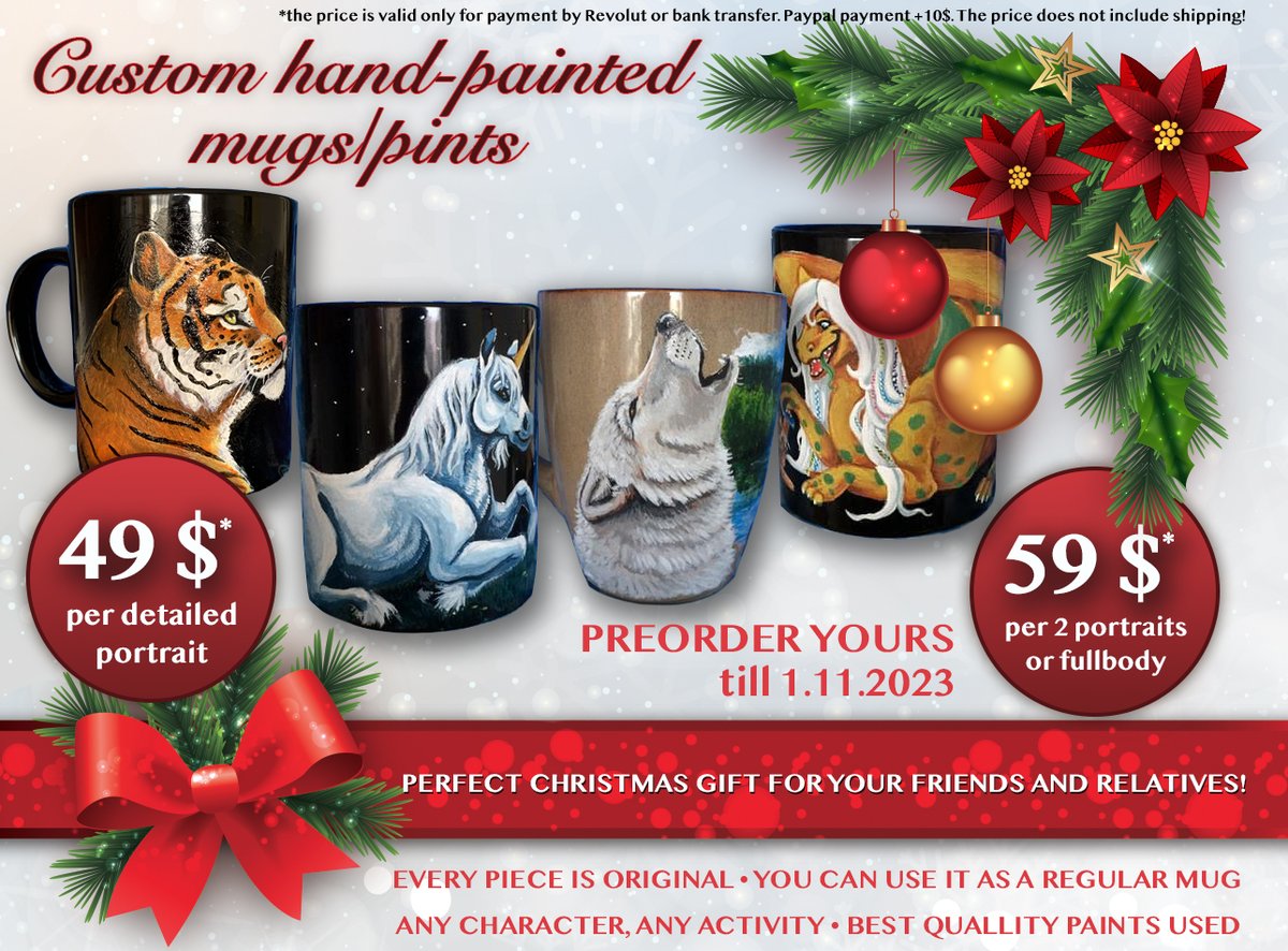 ✨Christmas time is almost here, show to your friends and relatives that you care about them and give them something UNIQUE!

~ Hand-painted mugs are great thing to give from a heart! 
Every piece is hand-painted and original and can be used as a regular mug and it will last