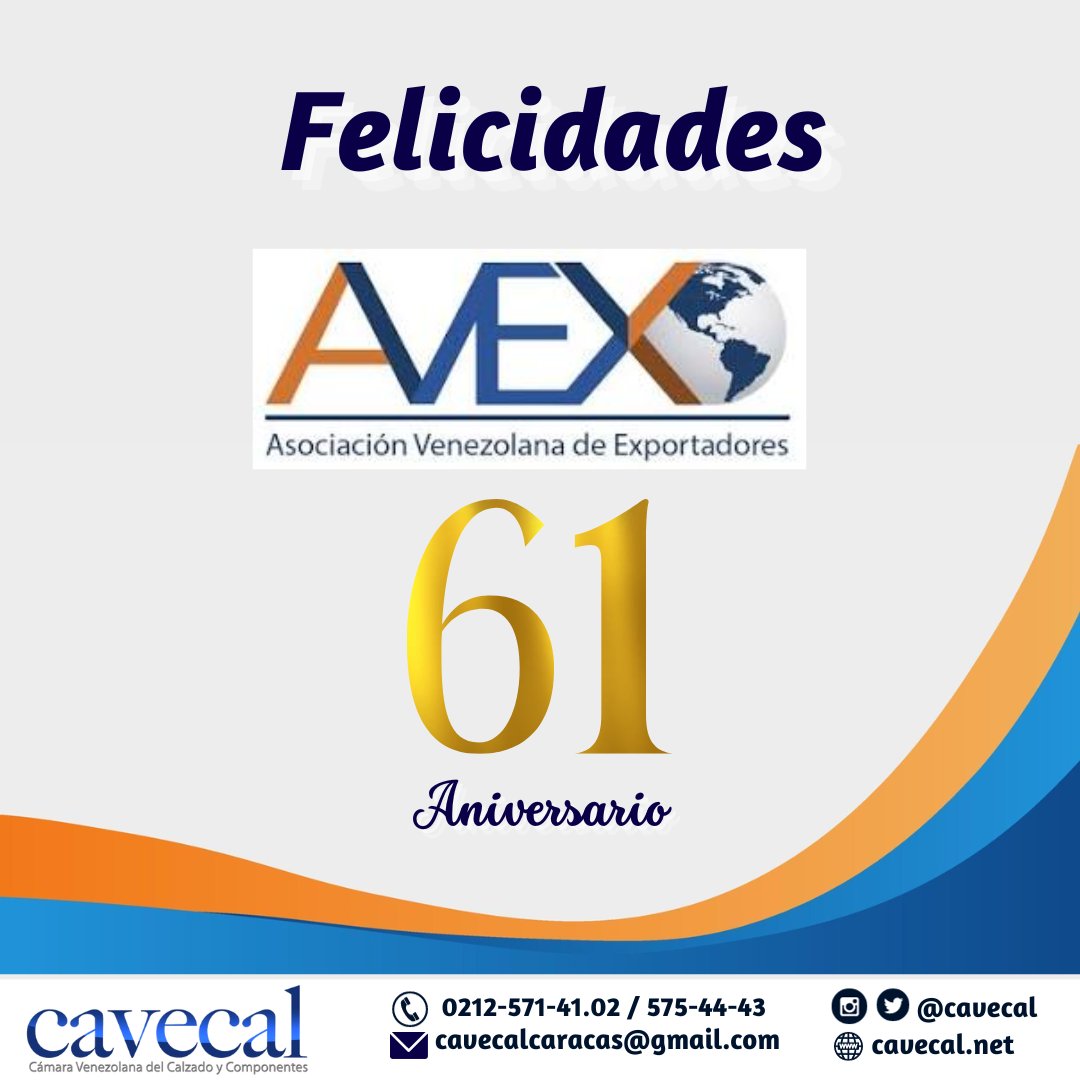 cavecal's tweet photo. ¡Felicitamos a la Asociación Venezolana de Exportadores @avex_ve en sus 61 años de trabajo en pro del progreso de las exportaciones venezolanas!

¡Muchos éxitos y alegrías en este aniversario! https://t.co/M6G6EidOI9
