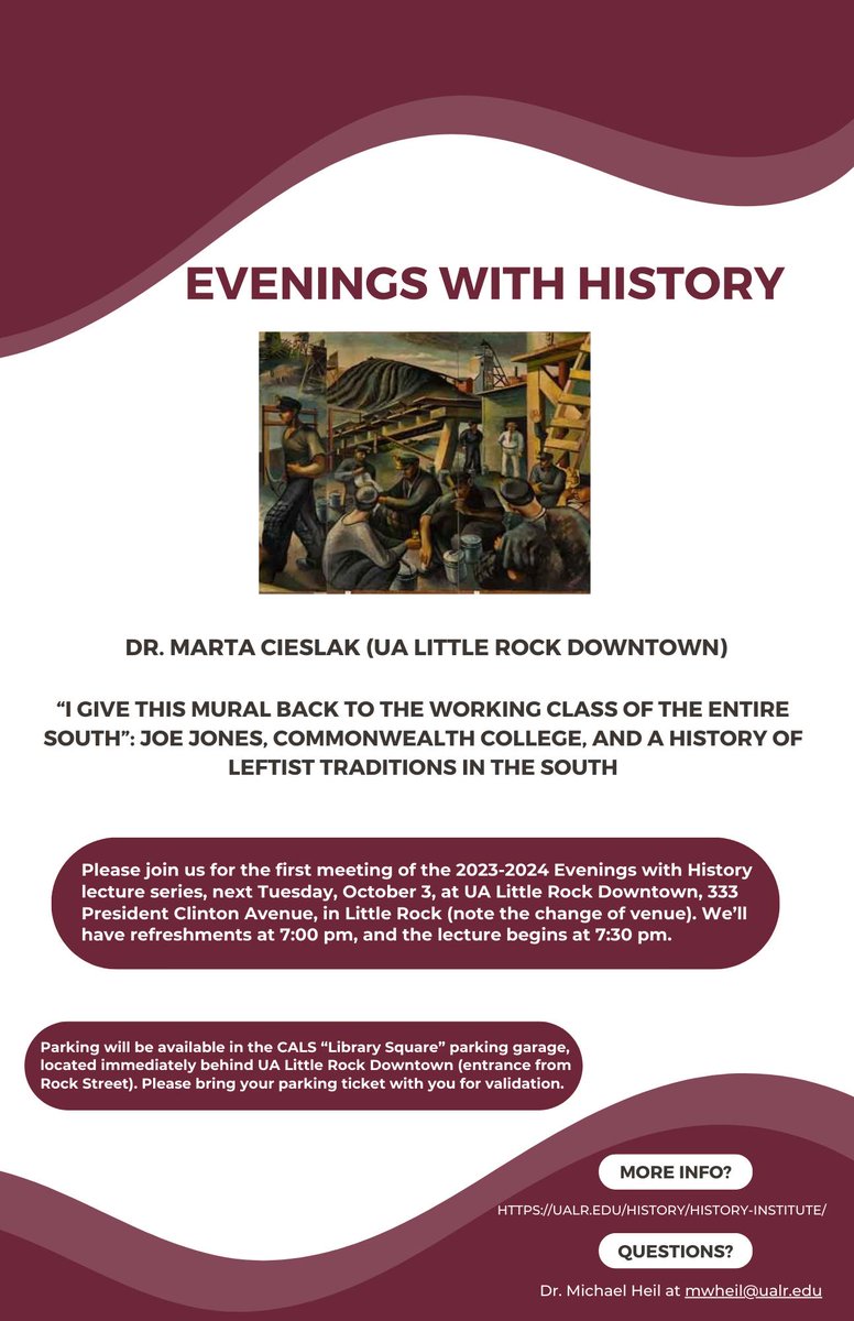Tonight at 7:30 PM, Evenings with History returns with Dr. Marta Cieslak, Director of @ualittlerockdowntown, discussing the mural, “The Struggle in the South.” The event is free at the UA Little Rock Downtown space (333 President Clinton Avenue).