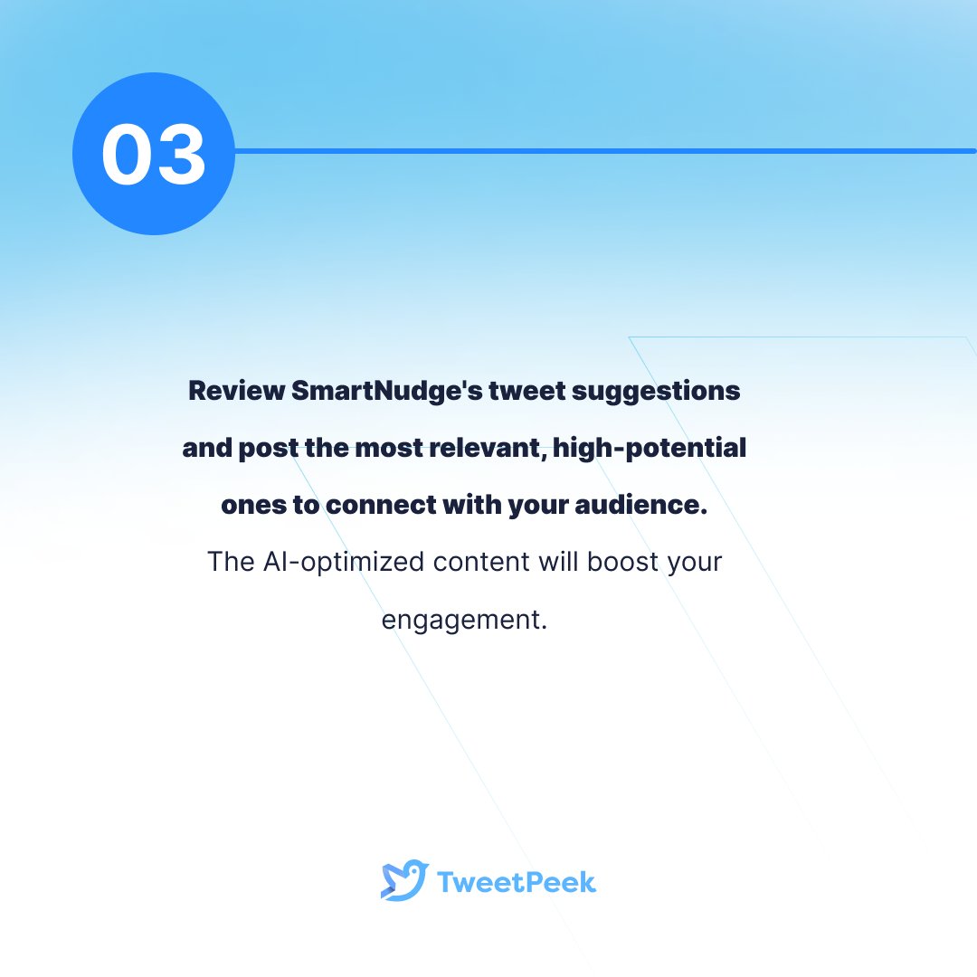 Struggling with Twitter engagement?

Learn how our SmartNudge feature uses AI to suggest content that resonates with your ideal followers.

Check out our latest guide!

#SmartNudge #audiencebuilding