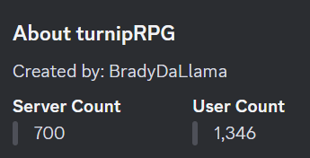 turnipRPG's tweet photo. woah! turnipRPG is now in 700 servers, with more than 1,300 users!

next up... 1k servers? https://t.co/TQKJ0VFnp5