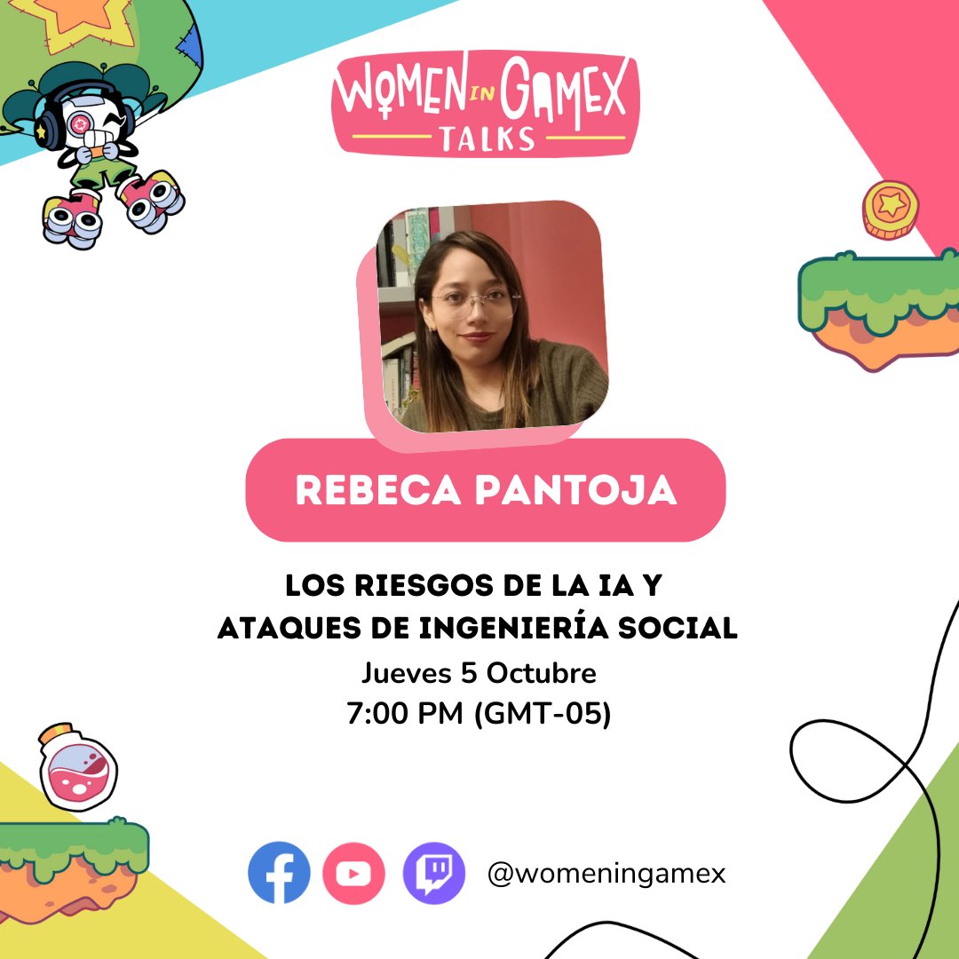 WomenInGamex's tweet photo. ✨La Inteligencia Artificial está revolucionando al mundo, incluyendo a la ingeniería social, con los Deep fakes, la generación automática de contenido y phishing personalizado, ¿Realmente puedes confiar en lo que ves o lo que escuchas?
#wigxtalks #juntascambiamoseljuego https://t.co/dMlfZ2OeP2