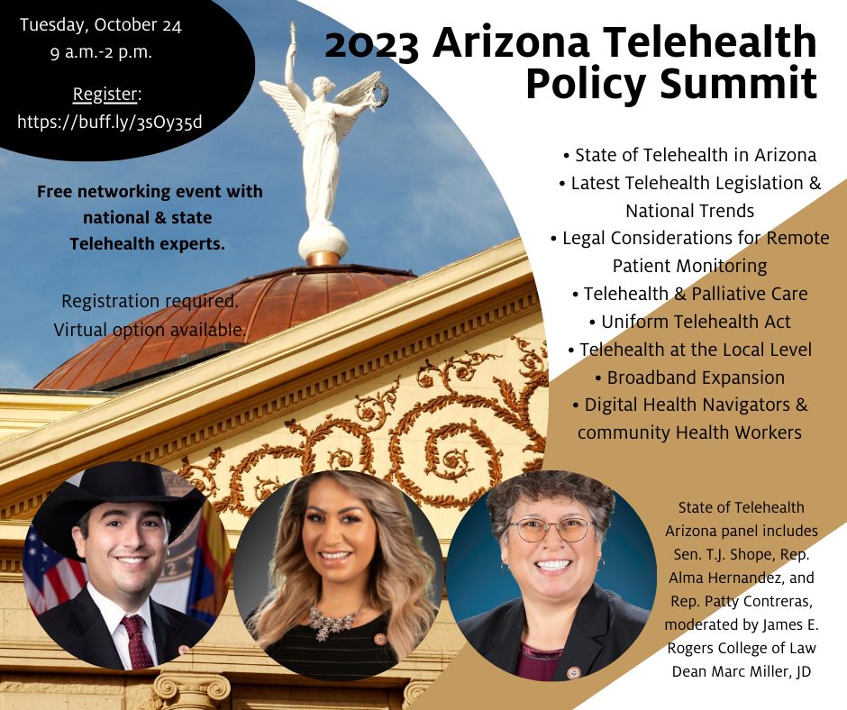 UAZATP's tweet photo. Register today! We are excited to host AZ state leaders @TJShope @almaforarizona @P_ContrerasAZ in a panel on the State of Telehealth in Arizona moderated by @uarizonalaw Dean Marc Miller, JD at our 2023 AZ Telehealth Policy Summit on Oct. 24! Join us!
https://t.co/Q7dTf0XZAj https://t.co/wTchGdFioN