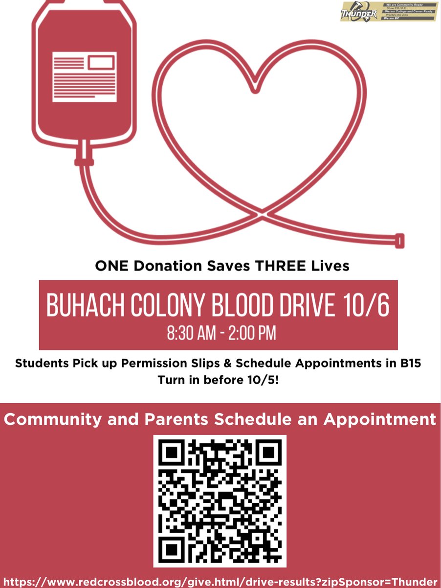 BCHS HOSA is hosting its Annual Blood Drive with the <a href="/RedCross/">American Red Cross</a>! Now is the time to donate! See flyer for event details and to get scheduled⚡️🩸🆎🅰️🅱️🅾️