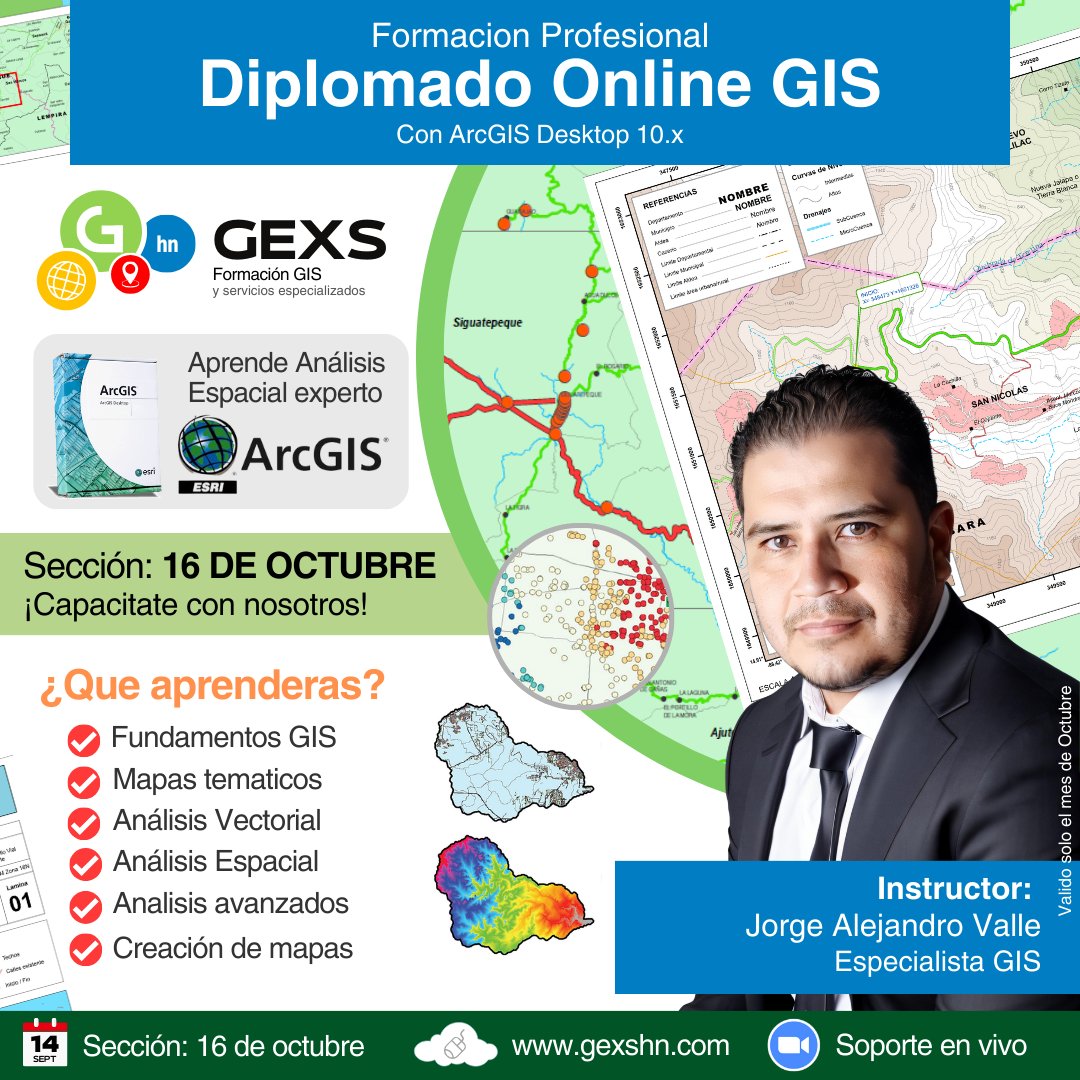 GExSHN's tweet photo. 🌟🚀 ¡Diplomado Online GIS: Aprende ArcGIS Desktop desde Cero! 🌍🌐¿Listo para llevar tus proyectos al siguiente nivel con la potencia del GIS? 🛰️🏗️

🎓 Fecha: 16 de octubre
⏳ Duración: 4 Meses
🕒 Horario: Disponible 24/7
🔍 Más Información: https://t.co/sf2GLCG3bG https://t.co/UgTYKihHoh