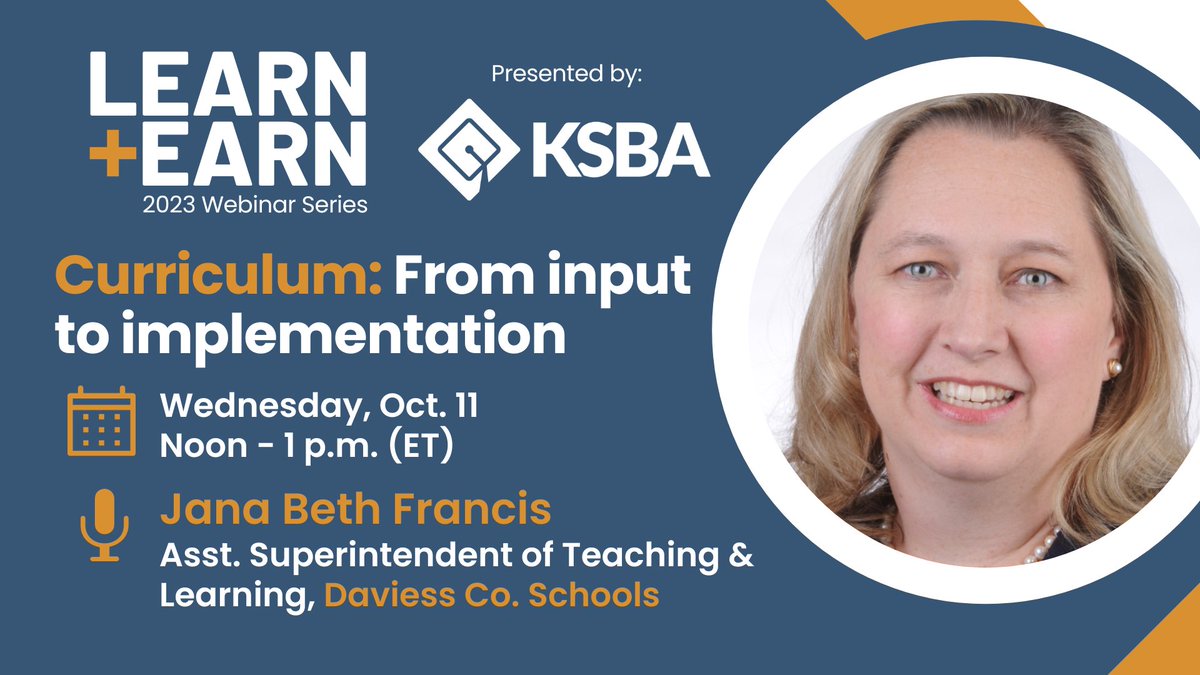 KSBA is pleased to present “Curriculum: From input to implementation” at noon on Oct. 11. All school boards should have a good grasp of curriculum, academic standards &amp; requirements for gathering input from stakeholders. Does yours? Learn more &amp; register: ksba.org/LearnandEarn.a…
