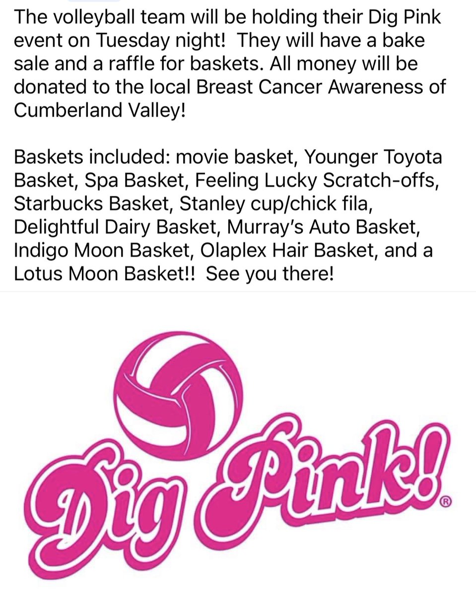Breast cancer awareness night tonight as we host Smithsburg at home.  JV @ 5:30 and Varsity after. Wear your pink, enjoy some sweets and treats at the bake sale, and take your chances on raffle baskets. Let’s go cats!!💪🏐