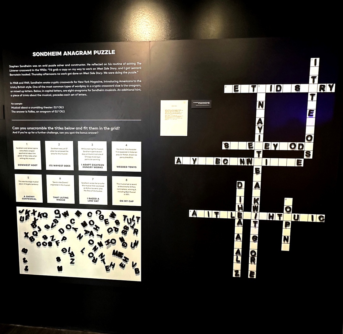 🤔 Comment the first title you can solve in this Sondheim Anagram Puzzle interactively on display at the @museumbroadway (designed by @davidkwong)

#sondheim #museumofbroadway #anagram #crossword #crypticcrossword #broadway #musicaltheatre #musicals