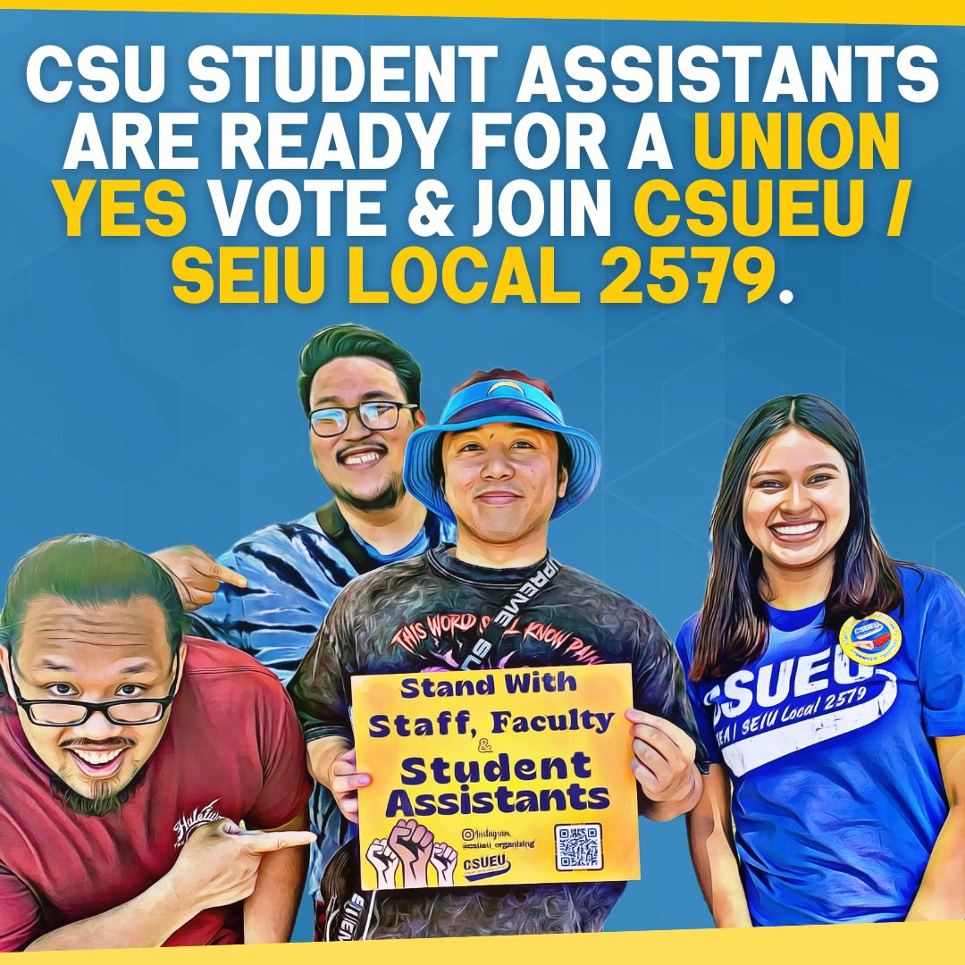 cirseiu's tweet photo. Student Assistants are making history by forming a union with @CSUEU. This is the largest non-academic student worker campaign in U.S. history. Next stop, a UNION YES election. @CalState administration needs to accept PERB decision & let Student Assistants Vote! #CSUStudentsWork https://t.co/3y805inPTw