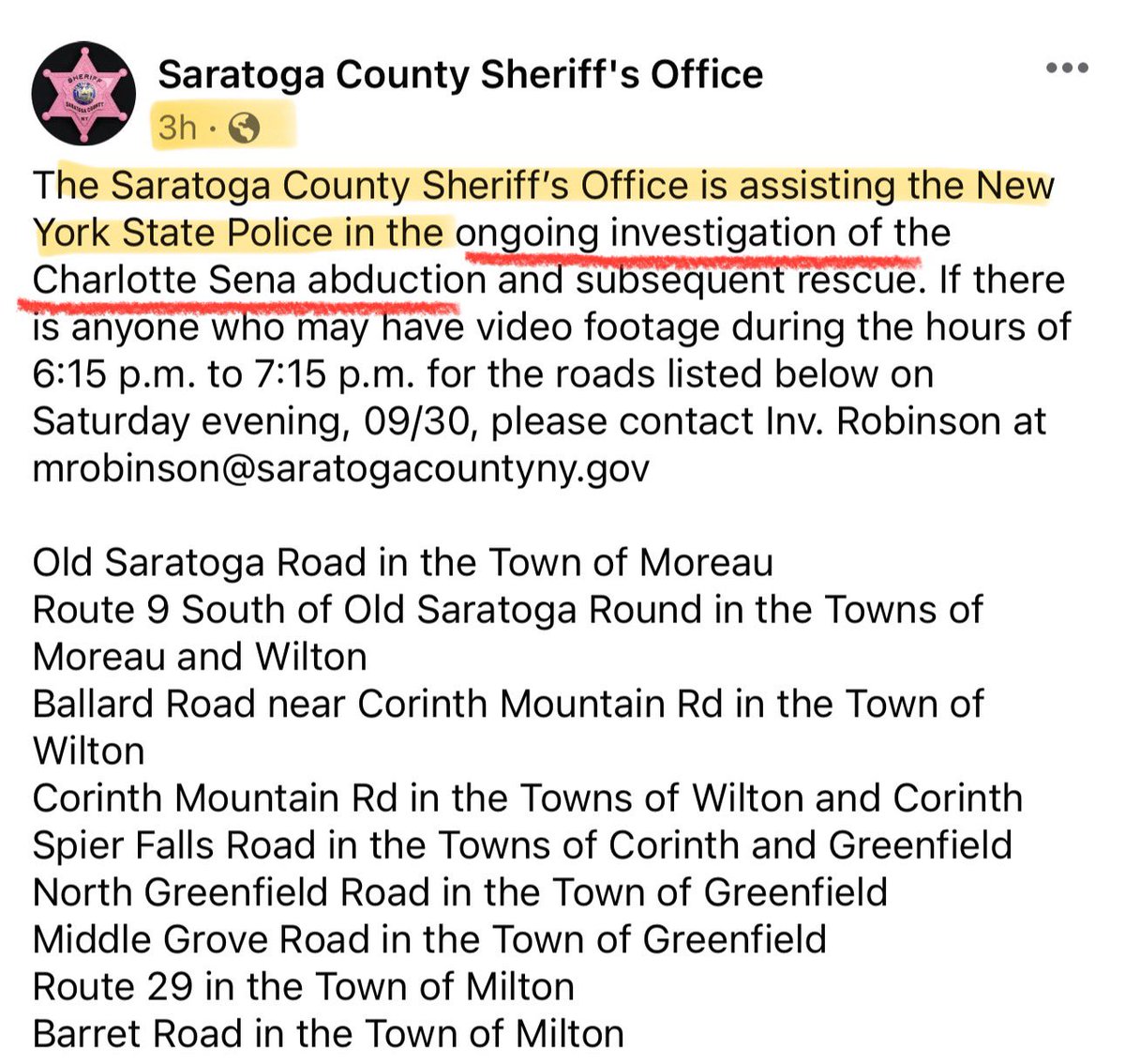 iamlegacy23's tweet photo. #CharlotteSena | #TrueCrimeWithLegacy 

🚨Saratoga County Sheriff’s Office is asking for the public’s help🚨 

If you are local— LE needs video footage during the hours of 6:15 p.m to 7:15 p.m. for the roads (listed in the picture) on Saturday evening, 09/30/23 

Share widely! https://t.co/w3MZRlOTwH