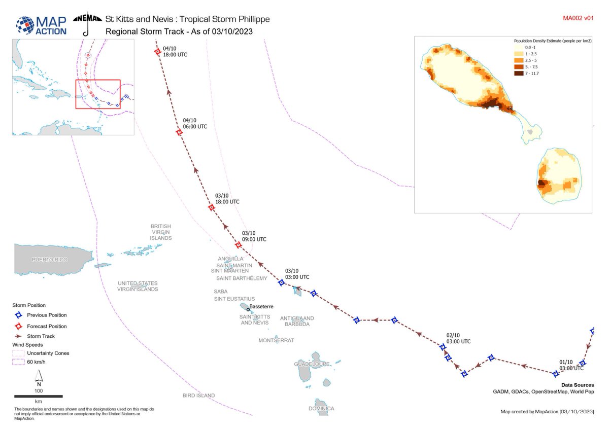 Colin02's tweet photo. The maps provide a country overview of the Caribbean country of St Kitts and Nevis, track the path of the storm and outline the baseline population. https://t.co/0Ac1jUmTqq