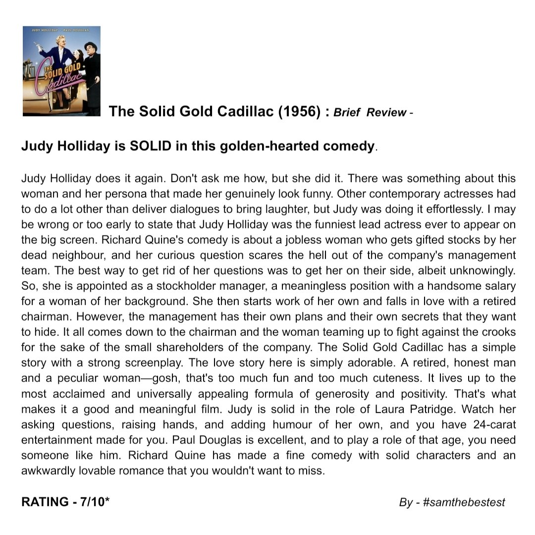 Watched #TheSolidGoldCadillac (1956) :

Judy Holliday is SOLID in this golden-hearted comedy.

RATING - 7/10*

#RichardQuine #JudyHolliday #PaulDouglas #FredClark #JohnWilliams #HiramSherman #RalphDumke #NevaPatterson #RayCollins #ArthurOConnell #MovieReview #OldHollywood #Comedy