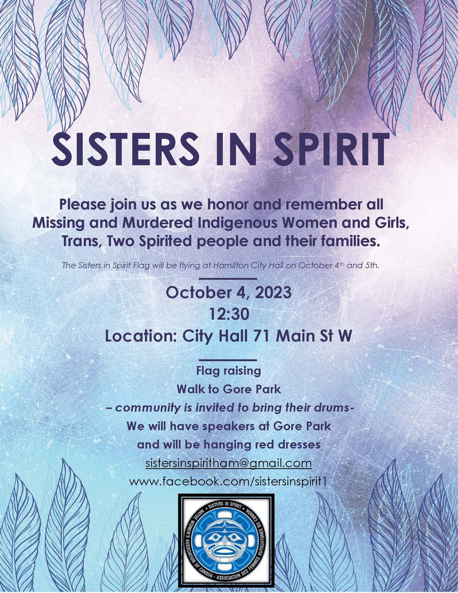 We hope to see you tomorrow on Sisters in Spirit Day #HamOnt at City Hall. Bring your drums. Then walk with us to Gore park to listen to speakers &amp; hang red dresses in honour of #MMIWGT2S