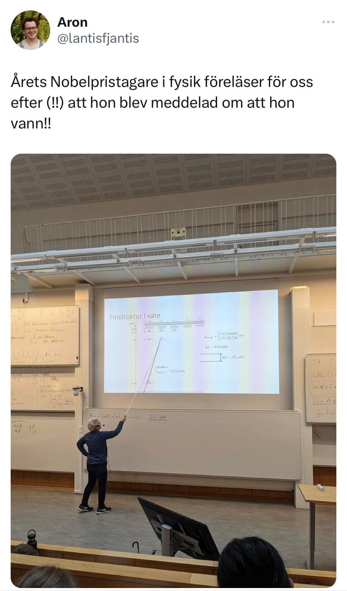 Real university professors are committed to *both* research and teaching. Anne L’Huillier, after receiving word that she’s been awarded the Nobel Prize in Physics, calmly proceeds with her undergrad lecture. Boss.