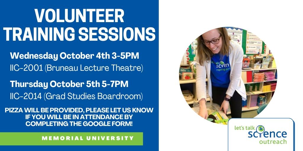 Let's Talk Science MUN, St. John's (@lts_mun) on Twitter photo ATTN <a href="/MUN_Students/">Memorial U Students</a>! Want to become a volunteer with Let's Talk Science? Join us in the Bruneau Centre Oct 4th 3-5pm or Oct 5th 5-7pm for a 2-hr training for all new volunteers. Bring a laptop to participate. Register Here: forms.gle/QhNnTDsM3PkCMb…
<a href="/MemorialUSci/">Faculty of Science, Memorial University</a> <a href="/MUN_Engineering/">Memorial Engineering</a> ATTN <a href="/MUN_Students/">Memorial U Students</a>! Want to become a volunteer with Let's Talk Science? Join us in the Bruneau Centre Oct 4th 3-5pm or Oct 5th 5-7pm for a 2-hr training for all new volunteers. Bring a laptop to participate. Register Here: forms.gle/QhNnTDsM3PkCMb…
<a href="/MemorialUSci/">Faculty of Science, Memorial University</a> <a href="/MUN_Engineering/">Memorial Engineering</a>