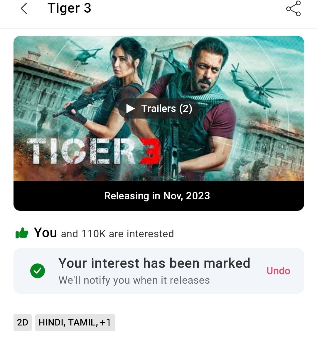 #Tiger3 sets the internet on fire with a roaring 110K interest on BookMyShow! The excitement is off the charts, and we're just getting started! Get ready for the blockbuster of the decade! 

#SalmanKhan