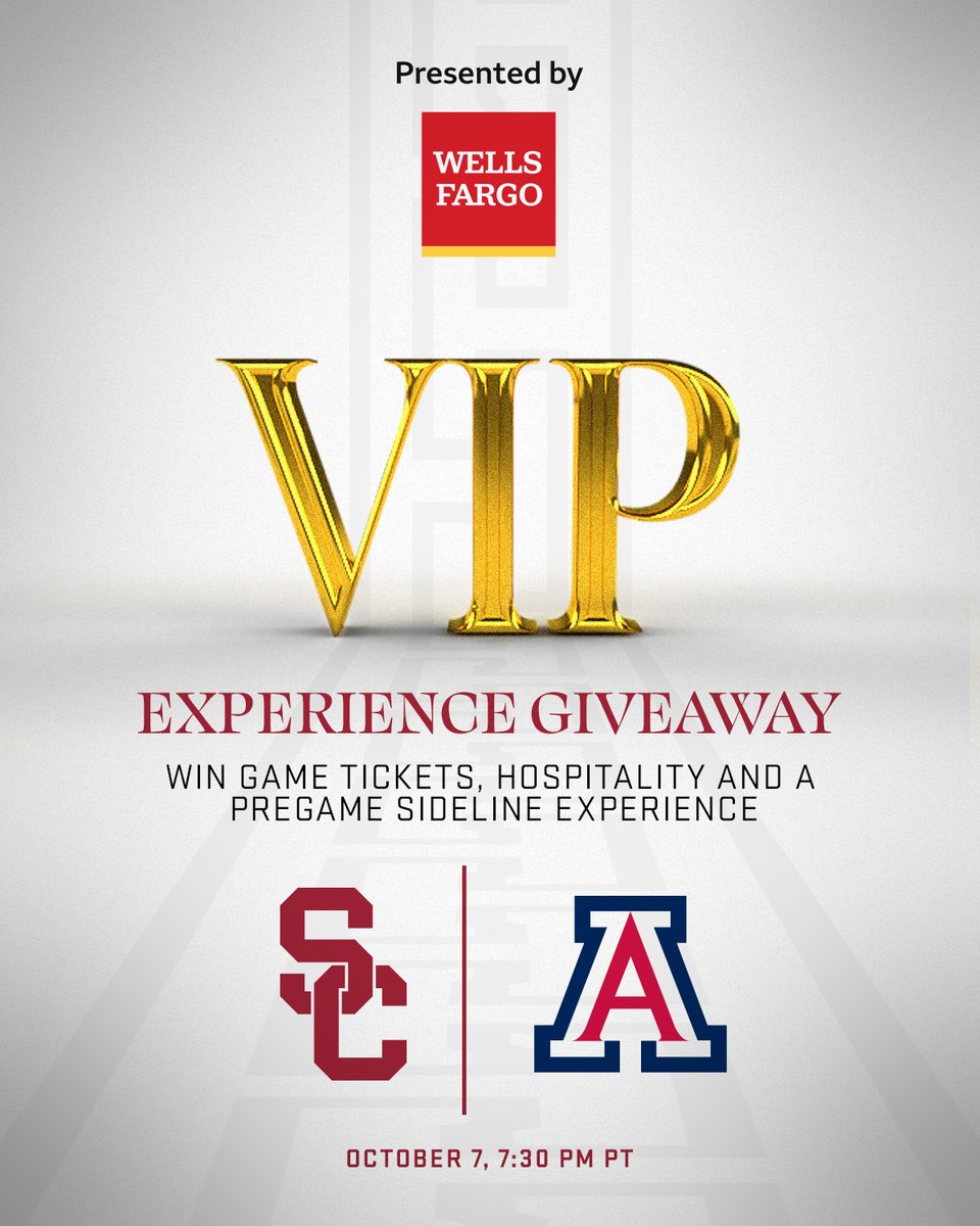 USC Trojans (@usc_athletics) on Twitter photo We're giving one lucky fan a VIP experience at this Saturday's <a href="/uscfb/">USC Football ✌️</a> game, presented by <a href="/WellsFargo/">Wells Fargo</a>!
Repost to enter for your chance to win! We're giving one lucky fan a VIP experience at this Saturday's <a href="/uscfb/">USC Football ✌️</a> game, presented by <a href="/WellsFargo/">Wells Fargo</a>!
Repost to enter for your chance to win!