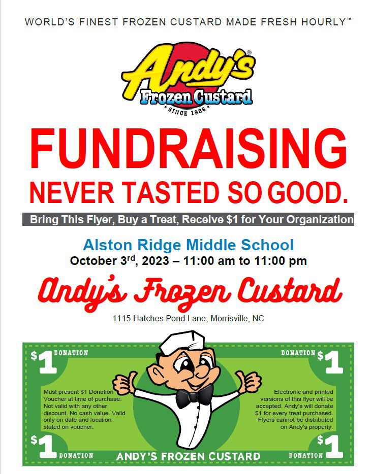 AlstonRidgeMS's tweet photo. Warriors~ Reminder  @ARMS_PTSA Spirit Night is tonight @EatAndys ~ Come out for a great cause &amp; great food! 

Fundraising never tasted so good 🍦😋 #TogetherInARMS https://t.co/fi2Xt9U1nt