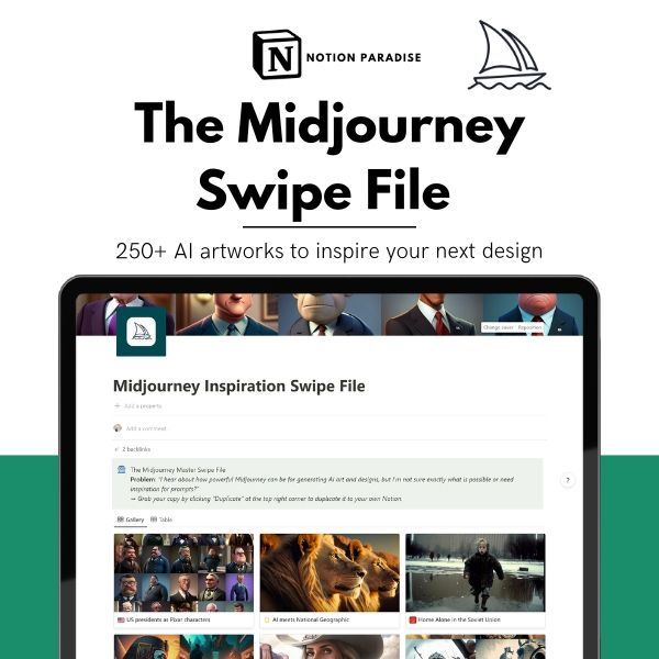 scalewithshay's tweet image. Midjourney is a game-changing AI designer.

But most people don&apos;t know how to get the best out of it.

So I created a Midjourney art Swipe file in Notion.

Use it to get inspired!

Free for 48hrs.

To get it, just: 
1. RT
2. Follow me @builtbysegdae (for auto-DM)
3. Reply &quot;Send&quot;