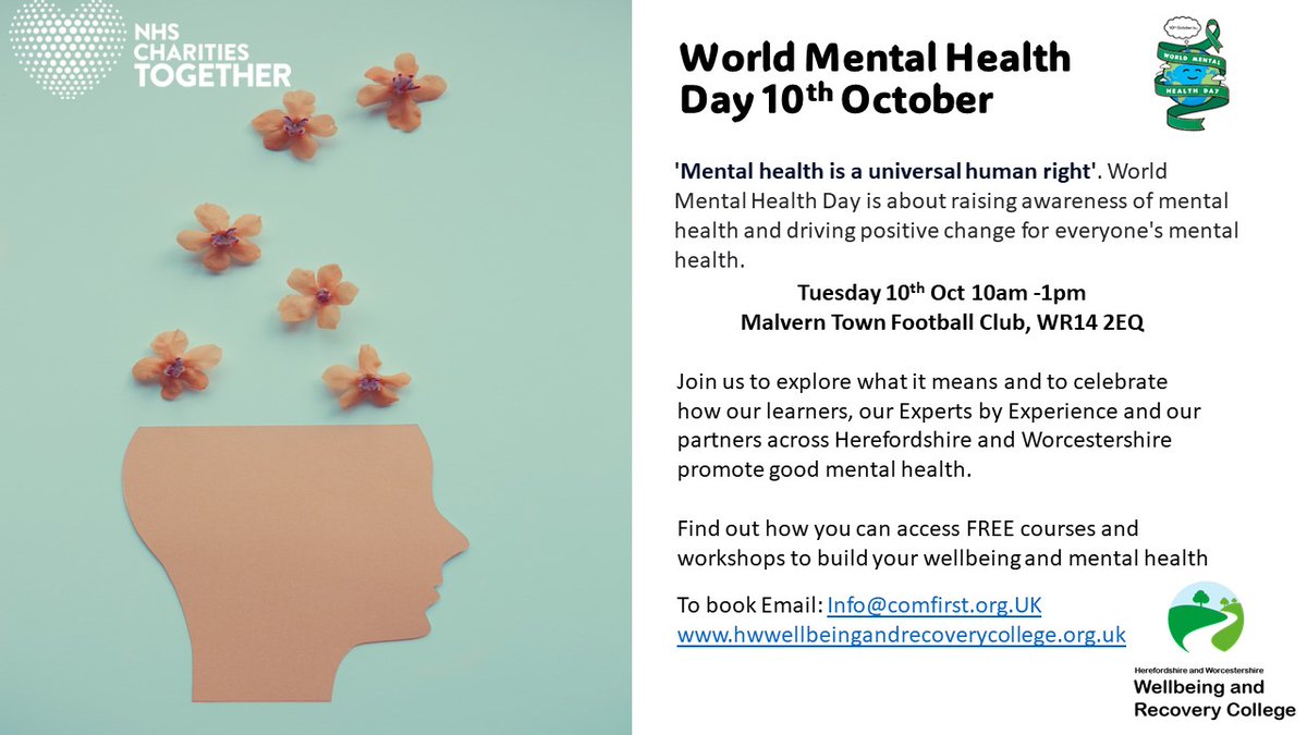 Just one week to go until #WorldMentalHealthDay. Come for yourself or come for someone else. Find out how you can access FREE courses and workshops to build wellbeing and mental health.
To book Email: Info@comfirst.org.uk 
hwwellbeingandrecoverycollege.org.uk