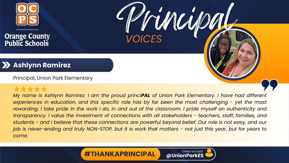 OCPS Professional Learning Department (@ocpspl) on Twitter photo From hallways to classrooms, principals lead with heart & smarts! Principal Ramirez <a href="/UnionParkES/">Union Park Elementary OCPS</a> is celebrating a student for her work in and out of the classroom, describing her as the definition of resilient! In honor of #PrincipalsMonth, read & share Principal Ramirez's story! From hallways to classrooms, principals lead with heart & smarts! Principal Ramirez <a href="/UnionParkES/">Union Park Elementary OCPS</a> is celebrating a student for her work in and out of the classroom, describing her as the definition of resilient! In honor of #PrincipalsMonth, read & share Principal Ramirez's story!