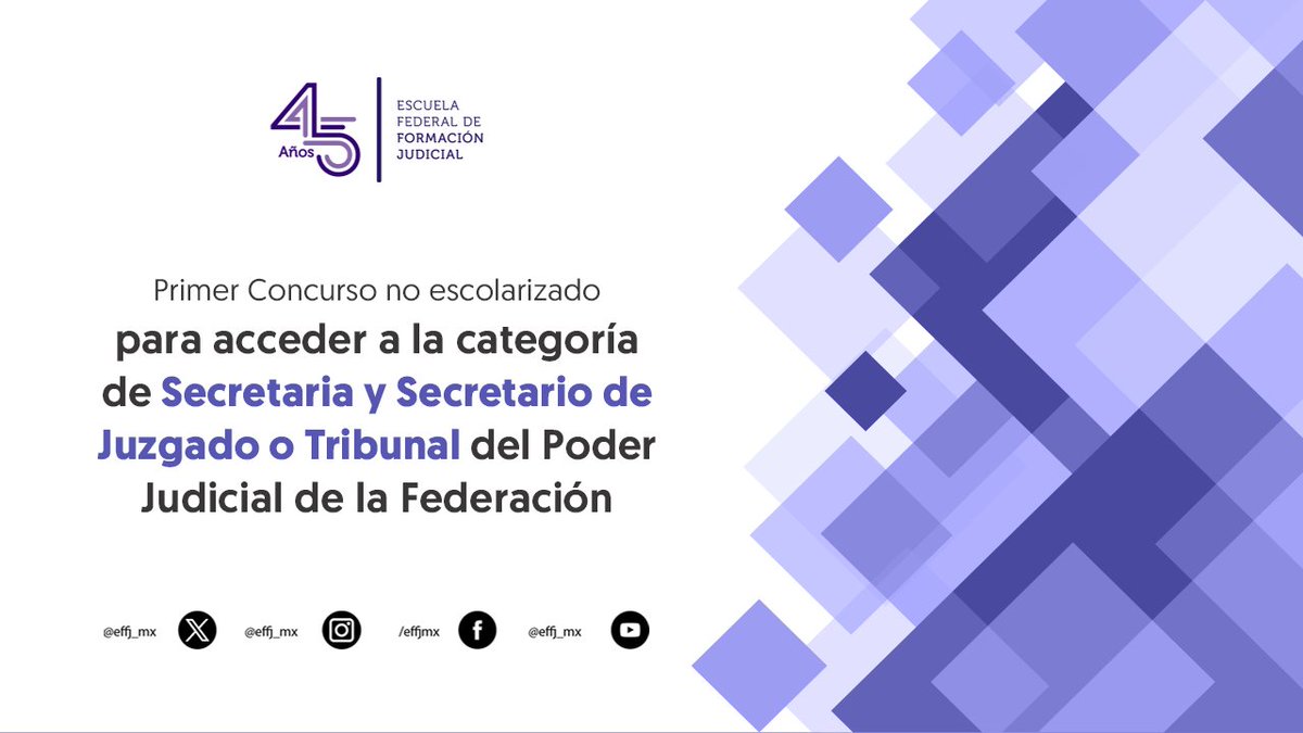 🖋️ Primer Concurso no escolarizado para acceder a la Categoría de Secretaria y Secretario de Juzgado o Tribunal del #PJF 

Inscripciones a partir del 9 de octubre

Convocatoria: shorturl.at/vCQW5

Temario: shorturl.at/qyGLO 

#SoyCarreraJudicial