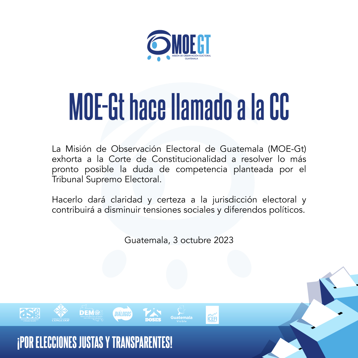 📌 Comunicado de prensa.
La MOE-Gt hace llamado a la <a href="/CC_Guatemala/">CC Guatemala</a>.

#MOEgt