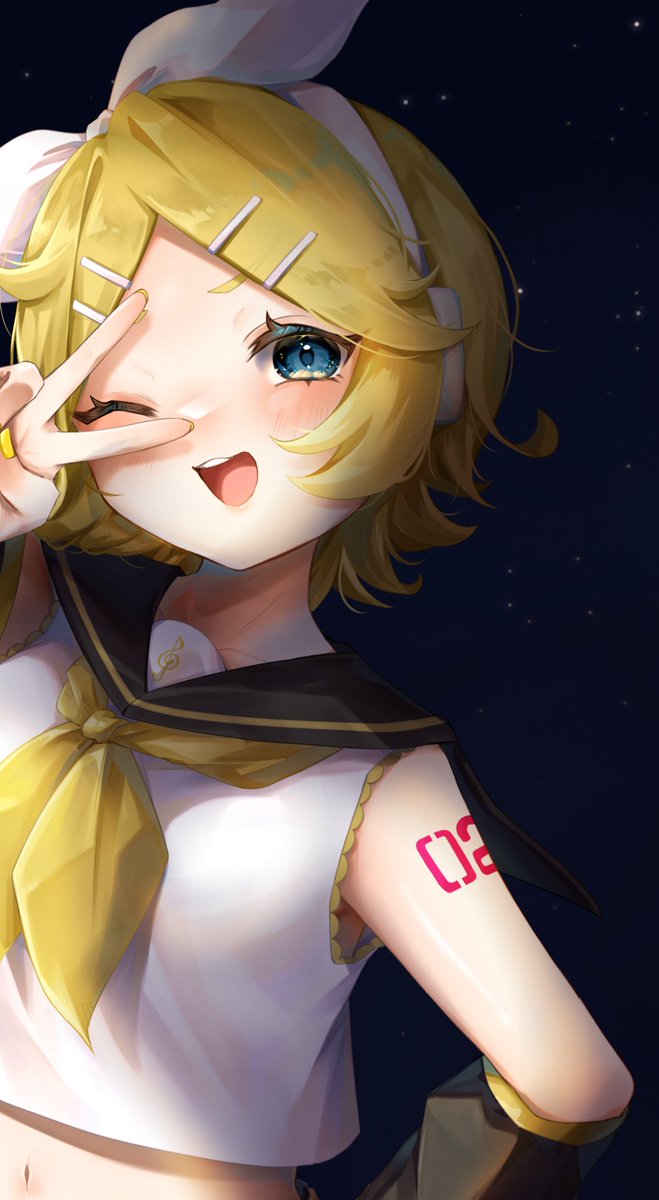 kagamine rin 1girl one eye closed blonde hair solo hairclip hair ornament sailor collar  illustration images