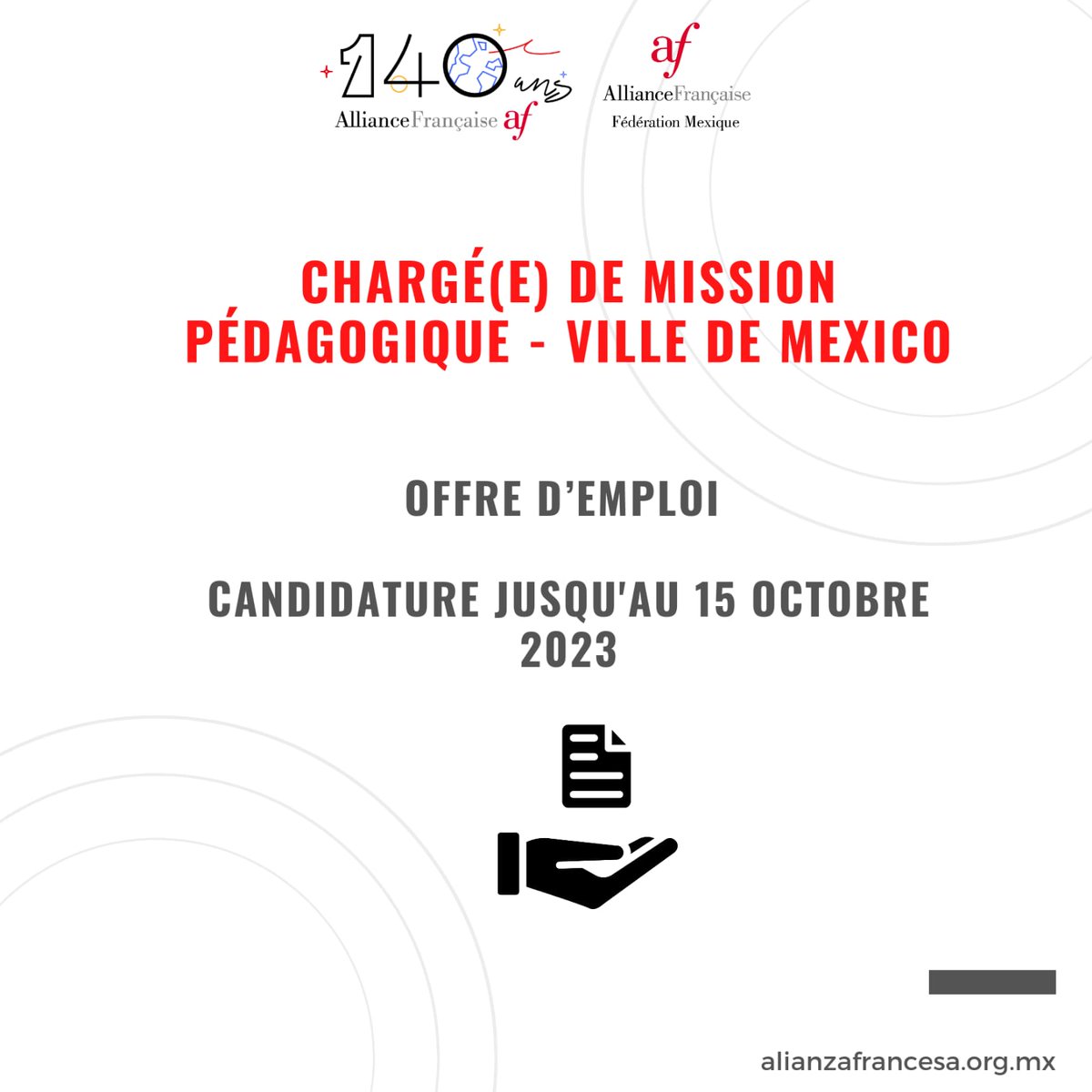 [POSTE A POUVOIR] Chargé(e) de mission pédagogique - Ville de Mexico
📣 ¿Te gustaría formar parte del equipo de las Alianzas Francesas en la CDMX?
¡Esta oportunidad es para ti! 🚨‼️
Consulta más detalles directamente en el sitio del <a href="/ifal_mx/">IFAL - Institut français d'Amérique latine</a>  o mándanos MP