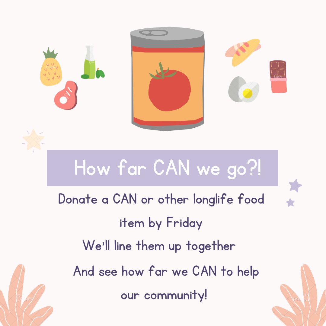 How far CAN we go this Friday? Be part of it if you CAN by donating a CAN or other long life food item or toiletry and we’ll line them up and see how far they go to help #ChallengePoverty @CPW_Scotland @BarnardosScot @BraesHigh @OnandUpBHS #canwedothis