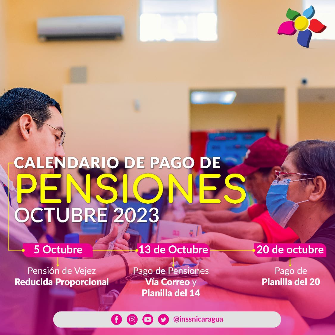 •Vejez Reducidas Proporcionales: A partir del 5 de octubre.
•Pago vía correos de Nicaragua: A partir del viernes 13, recibirán su cheque en casa.
•Planilla del 14 en Centros de Pago y transferencias bancarias: A partir del 13 de octubre.
•Pagos del 20  A partir del 20.
