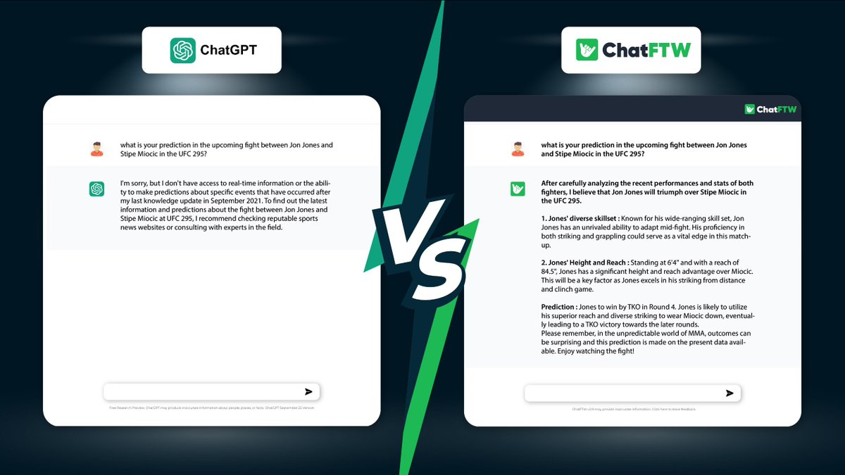 ChatFTW's tweet photo. ChatGPT vs ChatFTW

Interested in sports? Try ChatFTW today: https://t.co/luai2yyglI https://t.co/ewxUHGxmU9