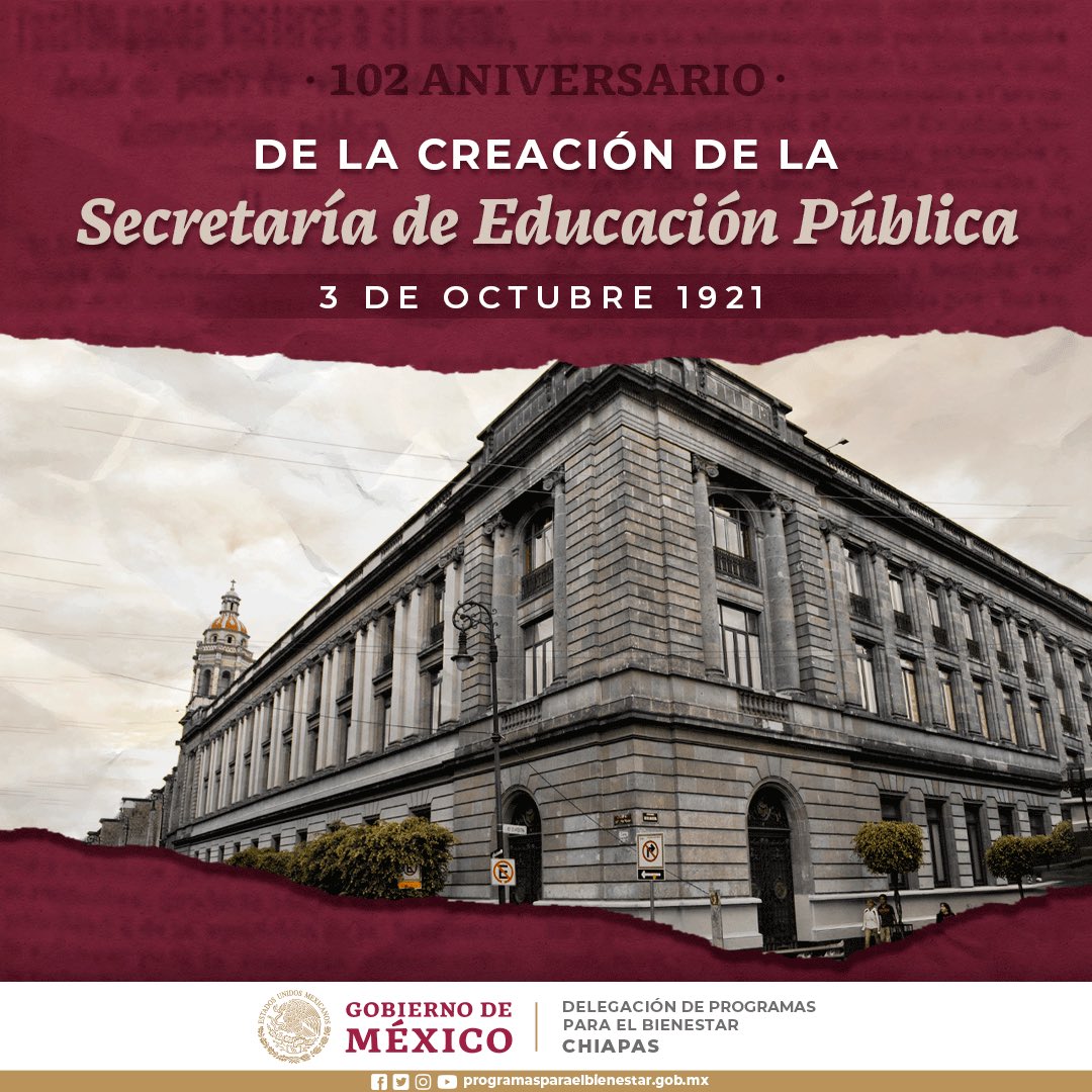 ChisBienestar's tweet photo. Hoy conmemoramos el 1️⃣0️⃣2️⃣ aniversario de la creación de la Secretaría de Educación Pública. 📖

Sin duda un avance que representa gran progreso para nuestro país y que ha brindado educación de calidad a todas y todos los mexicanos. https://t.co/DfltbUFuVR